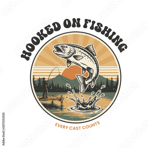Retro Fishing Badge with Jumping Trout Illustration.