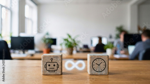 Two wooden cube blocks with robot icon and clock icon side by side with glowing infinity symbol hovering between them, continuous AI service concept, uninterrupted automation