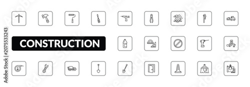 Foto outline construction icons set - pickaxe, inclined hammer, screwdrivers, construction plan