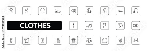 Fotografie outline clothes icons set - jersey wrap dress, camisole, wool boots, brassiere