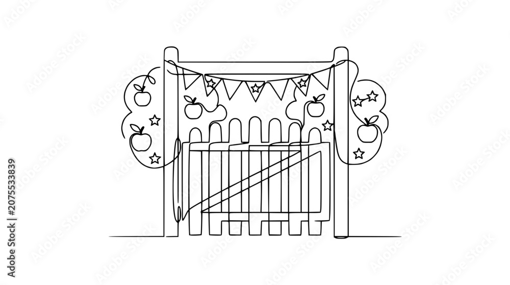 Obraz premium Whimsical Garden Gate with Apple Garland and Bunting - Continuous Line Art
