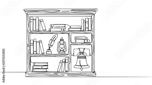 Minimalist Line Art Bookshelf with Books, Quill Pen, Lantern, and Liberty Bell