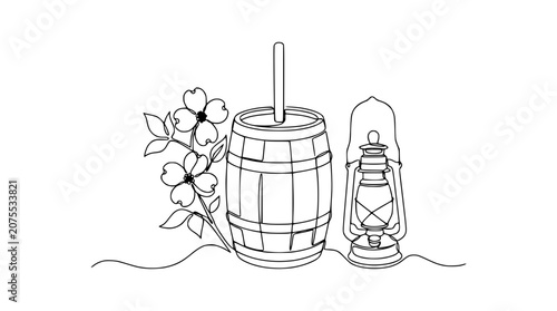Vintage Barrel, Lantern, and Dogwood Flowers Line Art Illustration