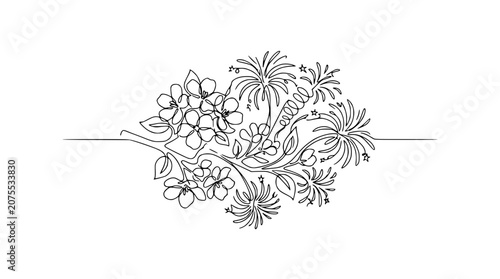 Elegant floral line art, delicate blossoms and abstract shapes, minimal design