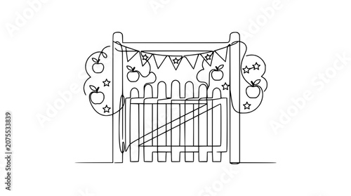 Whimsical Garden Gate with Apple Garland and Bunting - Continuous Line Art