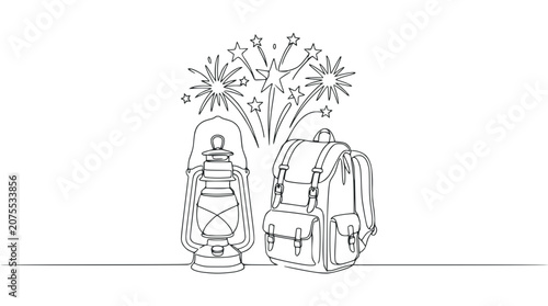Vintage lantern and backpack with fireworks illustration, adventure concept
