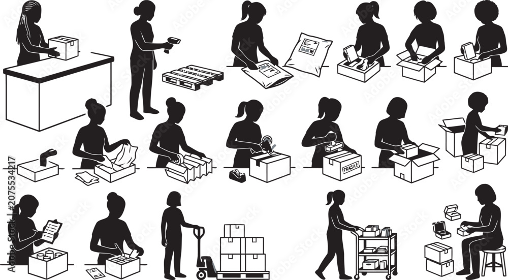 Naklejka premium Silhouette Collection Of People Packing And Shipping Cardboard Boxes