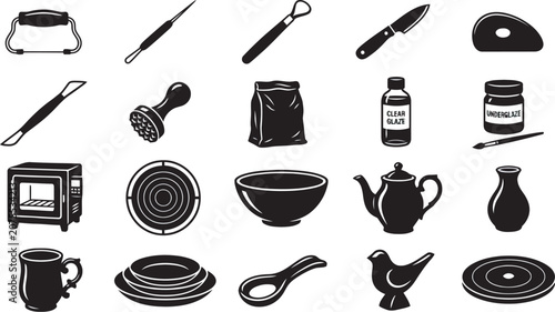 Pottery Tools And Vessels Black Silhouette Collection On White Background