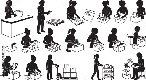 Silhouette Collection Of People Packing And Shipping Cardboard Boxes