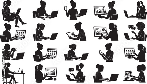 Silhouettes Of People Using Laptops And Mobile Devices Black Vector Graphics
