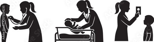Pediatric Healthcare Scene Black Silhouette On White Background