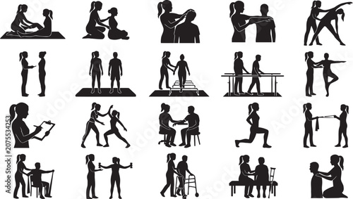 Physical therapy silhouettes on a white background vector illustrations of rehabilitation exercises
