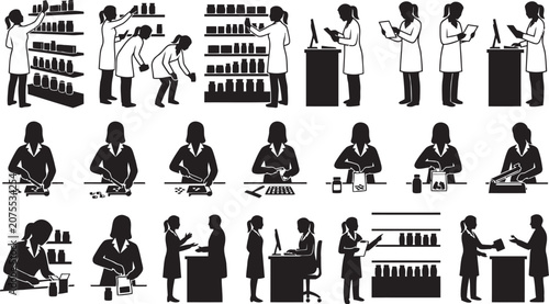 Pharmacist Silhouettes Collection Black And White Vector Illustration