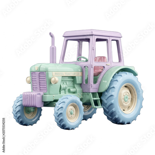 Cute pastel colored farm tractor isolated on black background
