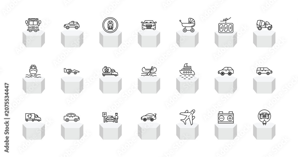 Obraz premium outline transportation icons set - school bus, taxi, car frontal view, electric car. editable vector for web and mobile ui