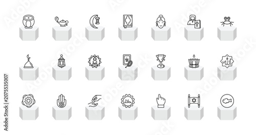 Φωτογραφία outline religion icons set - tablas, genie lamp, mushaf, inclined fish