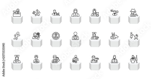 Fotografia outline professions icons set - clerk, carpenter, nun, president