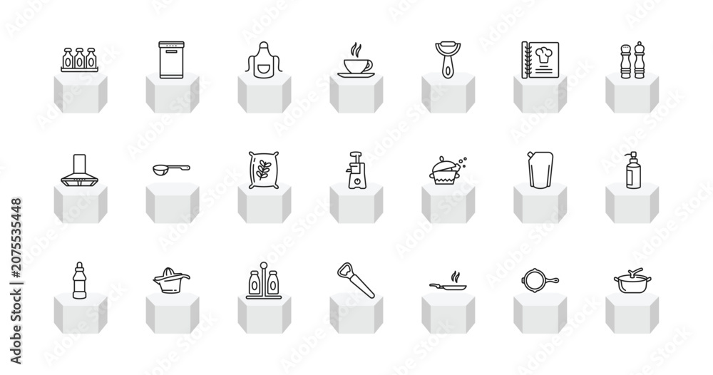 Fototapeta premium outline kitchen icons set - seasoning, dishwasher, tea cup, pot. editable vector for web and mobile ui