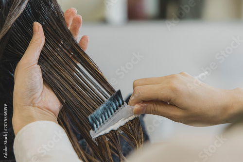 фотографія 美容師が女性の濡れた髪にブラシでトリートメント剤を塗布する ヘアカラー 髪質改善の施術イメージ