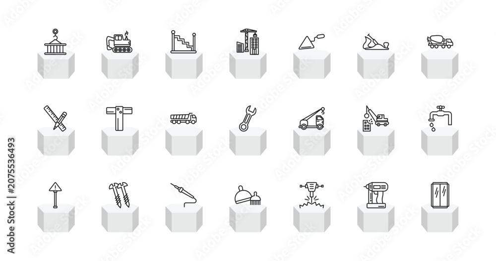 Fototapeta premium outline construction and tools icons set - derrick with pallet, backhoes, constructions, glass wall. editable vector for web and mobile ui