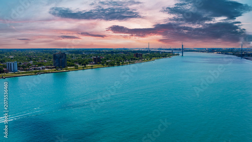 Aerial shot of a gorgeous landscape along the Detroit River in Detroit Michigan USA