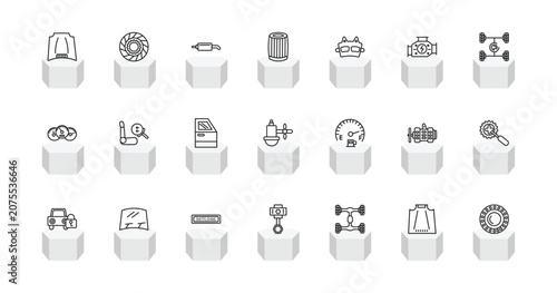 Foto outline car parts icons set - car hood, car clutch, oil filter, bearing