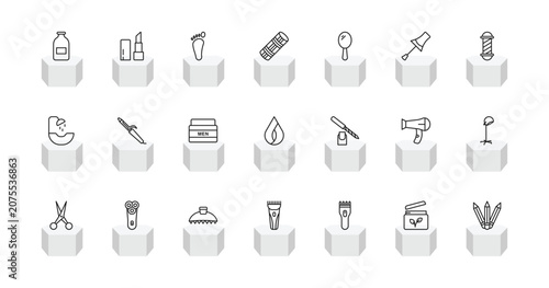 Εκτύπωση καμβά outline beauty icons set - inclined bottle, inclined lipstick, foam curler, pencils