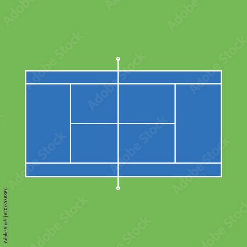 Vector illustration of a tennis court, top-down view.