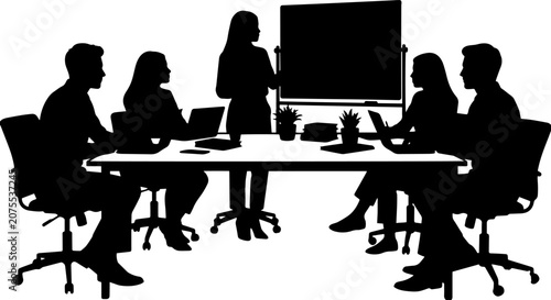 Black silhouette of business professionals in corporate meeting room with presenter at screen laptops on table during strategy discussion in modern office boardroom vector graphic