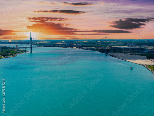 Aerial shot of a gorgeous landscape along the Detroit River in Detroit Michigan USA
