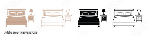 Foto Bedroom icons set featuring modern bed and lamp on nightstand in black, white and orange vector styles