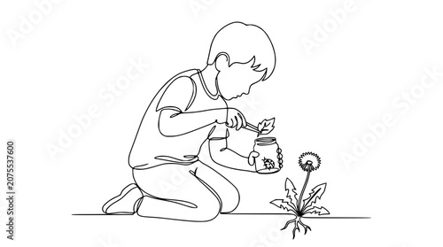 Canvastavla Curious boy in continuous line drawing captures dandelion in jar for nature stud