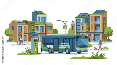 Eco-bus charging in a sustainable city with green buildings and solar panels.