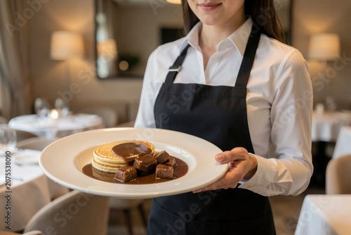 Waitress in black apron, white shirt, smiles while serving Machanka, pork gravy with pancakes. Concept of cozy atmosphere, dining room filled with warm light, inviting experience.