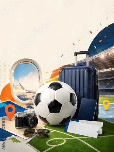 Sports Football Travel Concept With Soccer Ball Suitcase Passport Tickets Camera Airplane Window Stadium Destination Map Pins And Fan Tourism Championship Match Adventure Poster