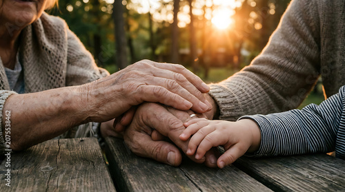 Close-up of three generations' hands gently stacked together on a rustic wooden table, symbolizing a deep family bond, love, and unwavering support amidst a warm, golden outdoor sunset setting