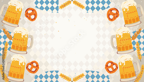 Photos Oktoberfest background with beer mugs, pretzels, and Bavarian flags, celebrating German culture and beer festival traditions