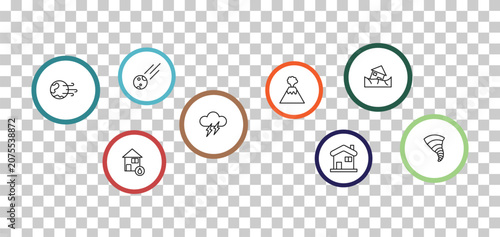 Foto outline meteorology icons set - space comet, landslide and house, windy earth, flooded home