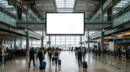 People walk in an empty airport terminal with a blank white information screen mockup.