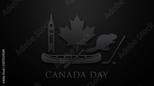 Minimalist dark gray Canada Day graphic with national symbols and silhouettes.