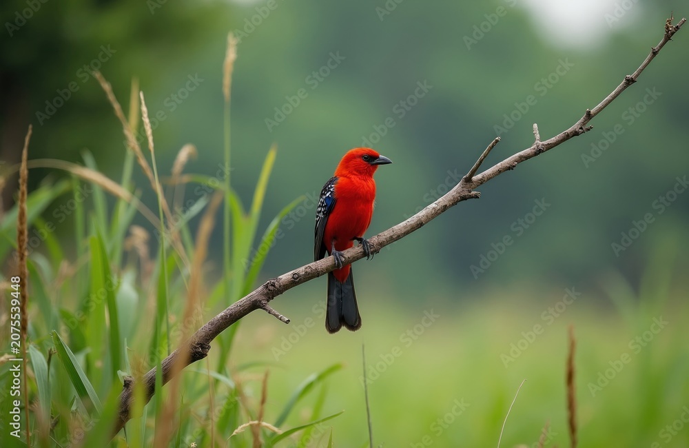 Fototapeta premium Scarlet tanager male bird rests on dry branch. Vibrant red plumage, black wings, perched in green foliage, natural habitat, birding subject.