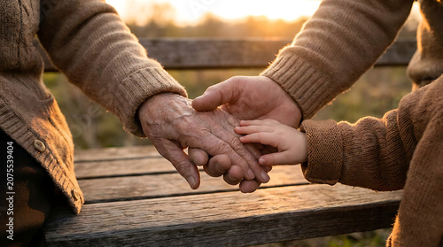 Heartwarming Close-up of Three Generations of Hands Touching on a Wooden Bench During Golden Hour Sunset