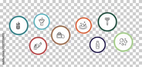 Photos outline hygiene icons set - washbowl, shaving razor, toothpick, antiseptic