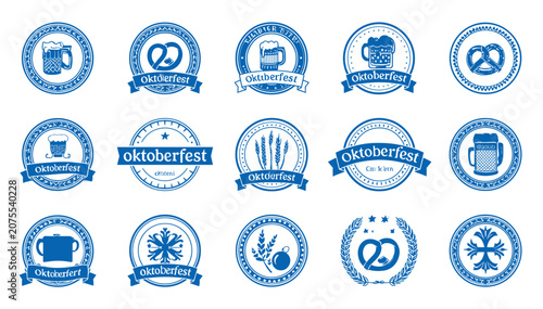 Bild auf Leinwand Collection of blue Oktoberfest circular badges featuring beer mugs, pretzels, wheat stalks, and traditional German motifs