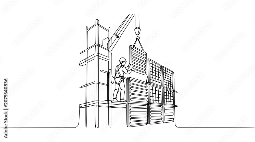 Obraz premium Construction worker and crane building wall with stacked modules