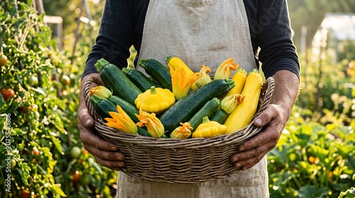 Farmer holding a basket of freshly harvested organic zucchini and yellow squash in a garden.