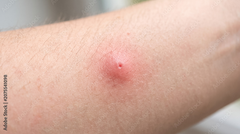 Fototapeta premium Inflamed insect bite on human skin showing redness and swelling from an allergic reaction or infection