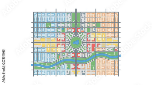Aerial View City Map Layout with Buildings, River, and Park