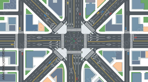 Busy City Intersection with Traffic Lights and Cars, Aerial View