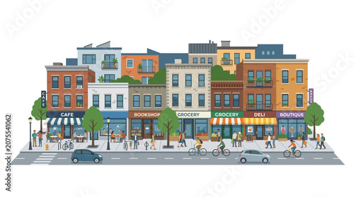 City Street Scene with Diverse Shops and Pedestrians